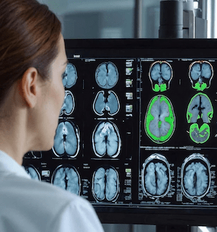 Thumbnail image of female doctor looking at brain scans.