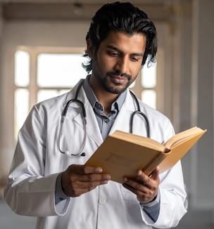 Thumbnail image of a male doctor reading a book.
