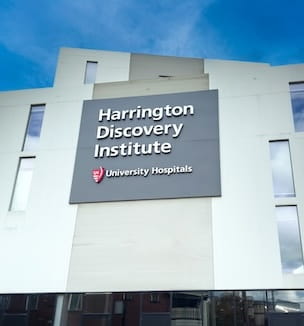Thumbnail image of Exterior view of Harrington Discovery Institute from Ford Drive.