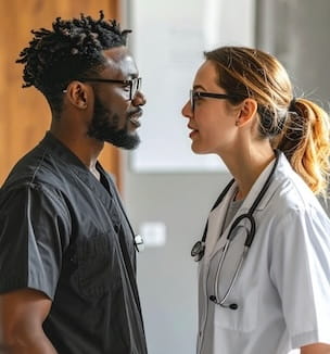 Thumbnail of two healthcare workers calmly having a discussion.