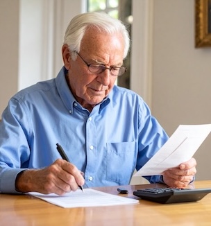 Thumbnail image of an older gentleman paying his bills.