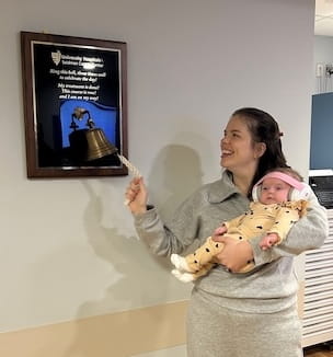 Thumbnail image of Seidman Cancer Center patient ringing her last treatment bell.