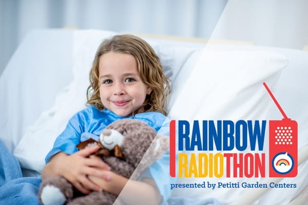 Image of a little girl in a hospital bed, hugging her Teddy bear, with the Radiothon logo in the corner.
