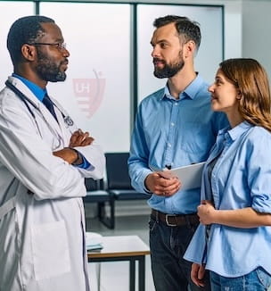 Thumbnail image of two family members talking to a doctor.